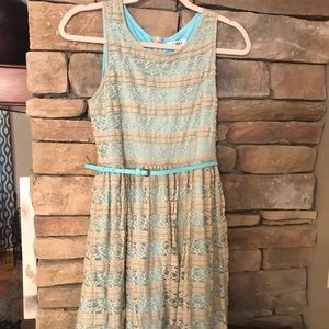 Girls sleeveless dress, Aqua with tan overlay